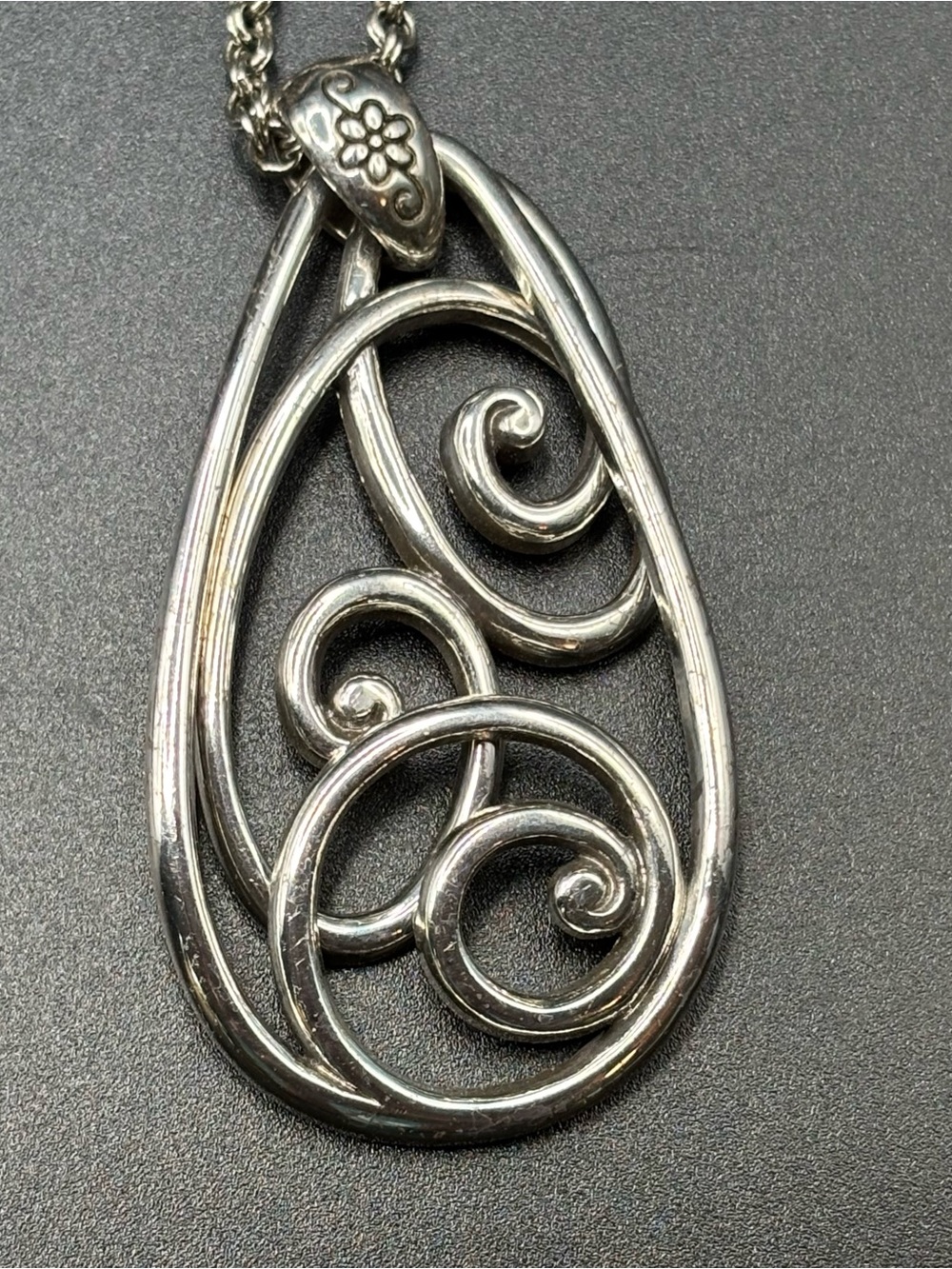 Brighton Retired Rock N Scroll Silver Teardrop Swirl Pendant Necklace 18”